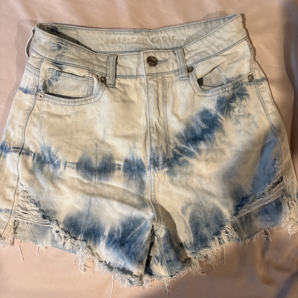 American Eagle Outfitters Blue and White Jean Shorts with Tie-Dye Effect